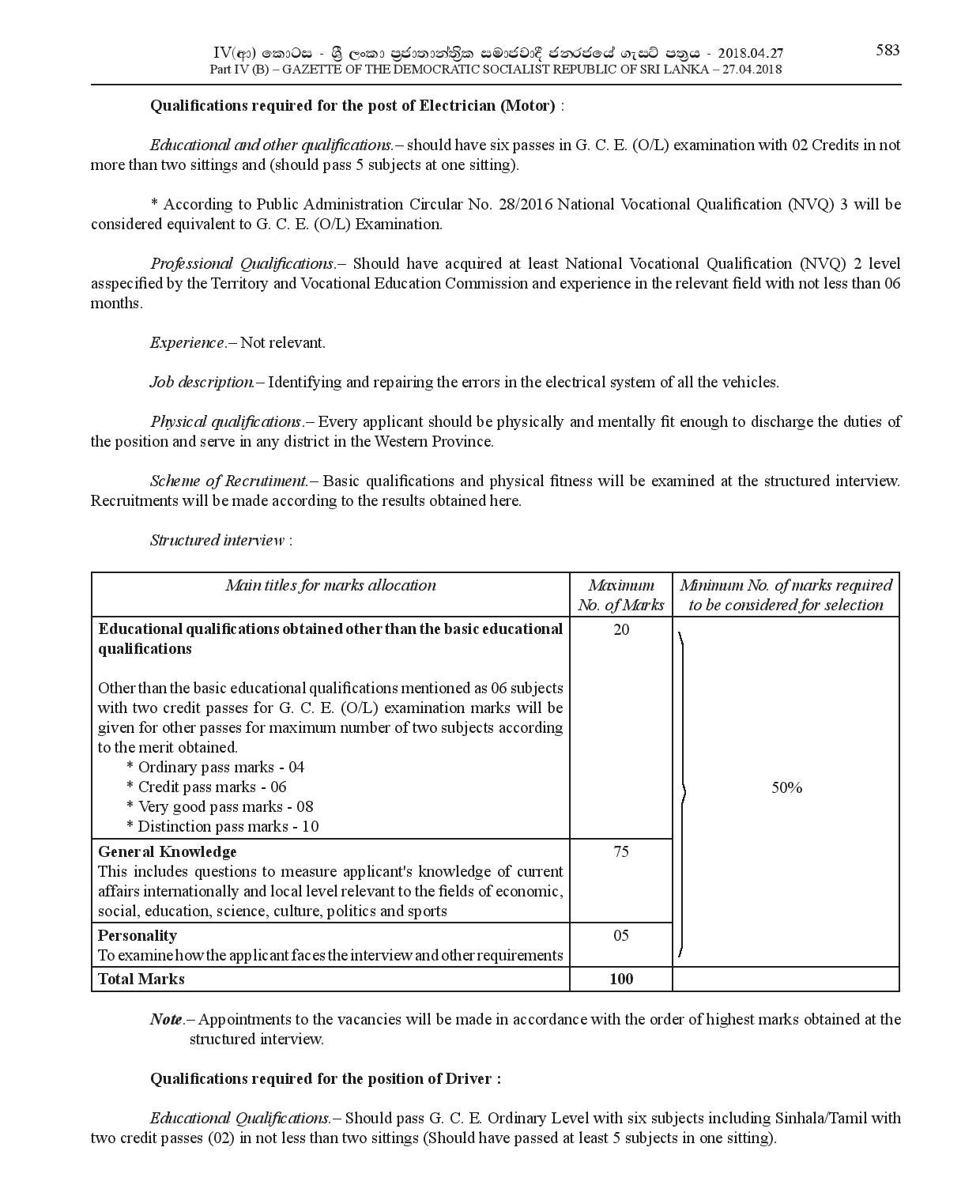 Work/Field Labourer, Electrician (Motor), Driver - Negombo Municipal Council